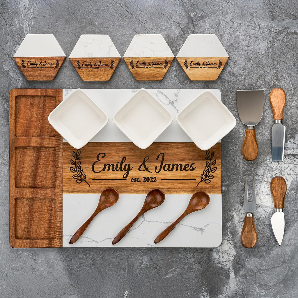 Personalized Acacia Wood & Marble Charcuterie Board - Custom Engraved Cheese Board with Knife Set - Perfect Wedding &