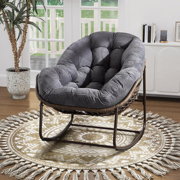Oversized Indoor Rocking Chair, Comfy Corduroy Rocking Papasan Chair with Thick Cushion and Frame, Large Wicker