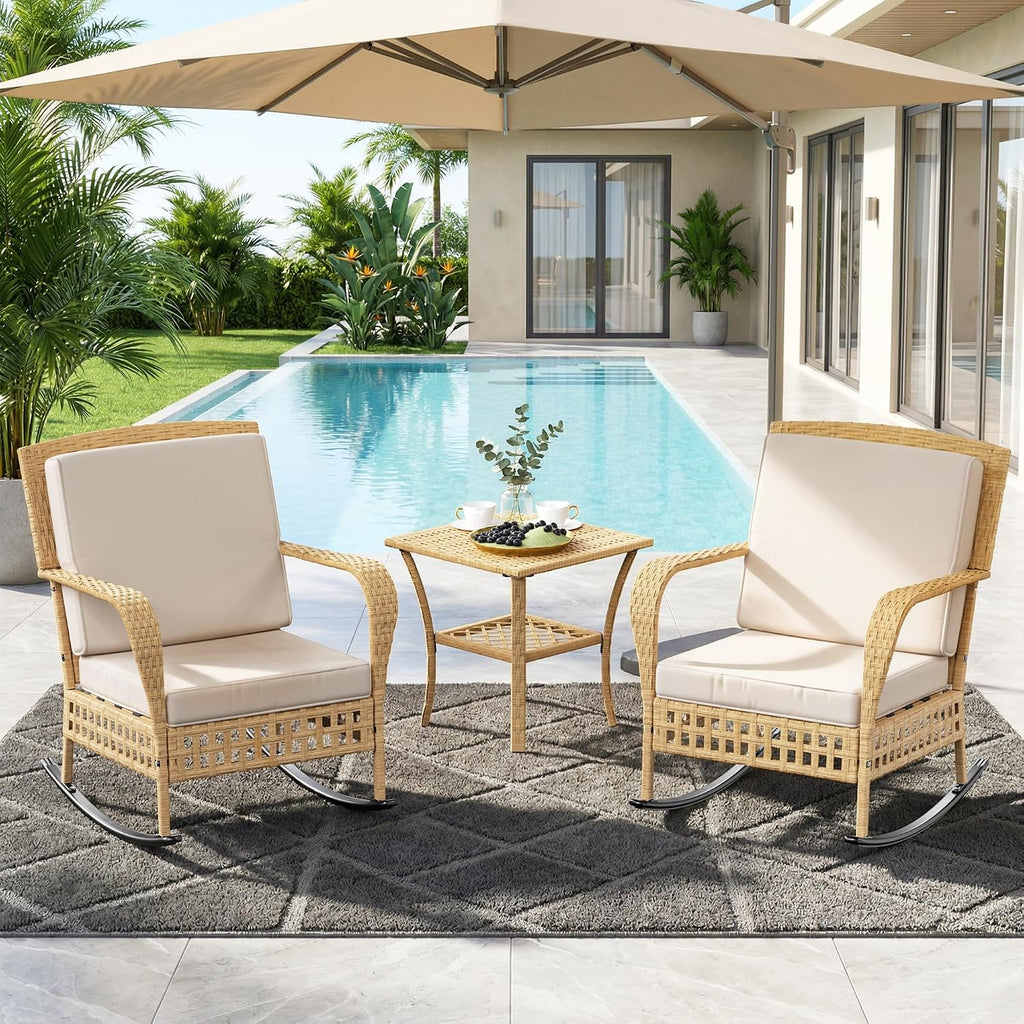 Outdoor Rocking Chair Set, 3-Piece Wicker Patio Furniture | Elegant Wicker Style | Comfortable Cushions | Stable