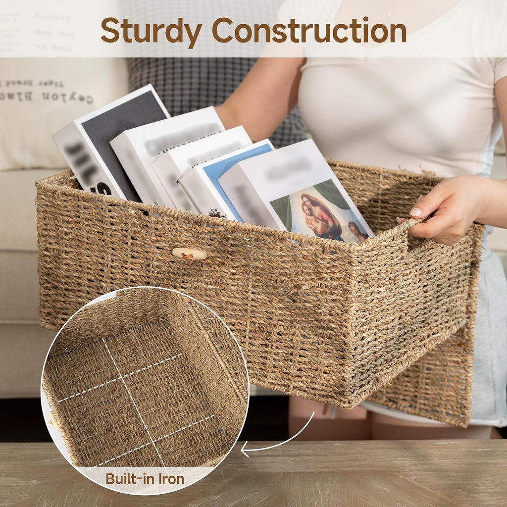Extra Large Wicker Baskets with Lid for Organizing, Seagrass Storage Baskets for Shelves, Decorative Box with