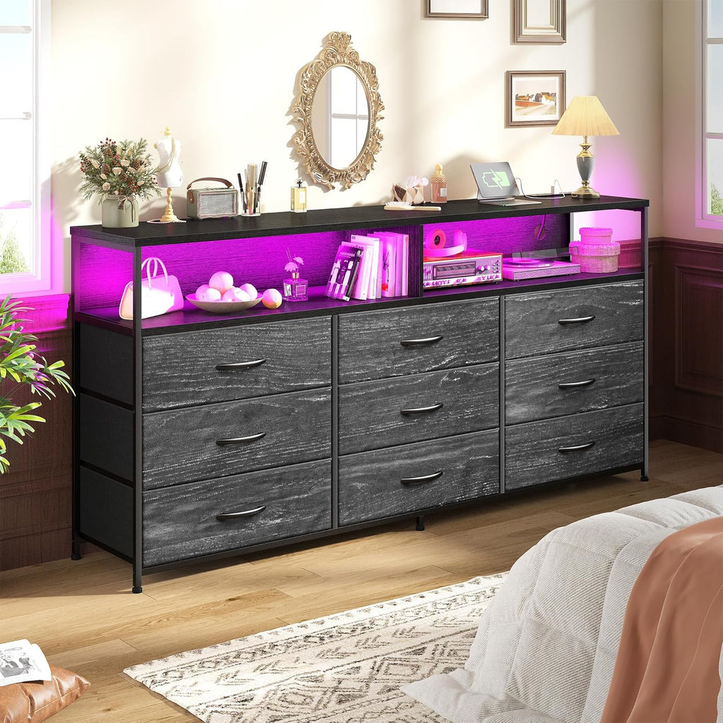 55" W Dresser with 9 Drawers LED, Power Outlets Fits 65" TV | TV Stand for 45, 55, 65 Inch TV Sturdy Long Chest of