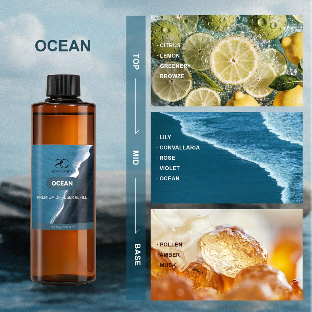 Diffuser Oil Refill, 250ml / 8.45 fl oz, Ocean - Reed & Aromatherapy Diffuser Oil, Long-Lasting Home Fragrance