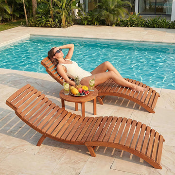 Lounge Chair Outdoor Acacia Wood with Side Handle (2 Pieces) | Foldable Pool Lounge Chairs, Outdoor Lounge Chairs
