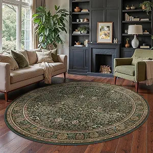 8ft Round Area Rug 8x8, Washable Non Slip, Dark Green Brown