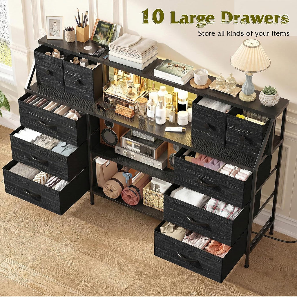 Black 55" Dresser with Charging Station & LED Lights Chest of Drawers with Detachable Mesh Door Bedroom Living Room