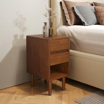 Narrow Nightstand 2 Drawers with Open Shelf Narrow Night Stand Solid Wood Bedside Table Mid Century Modern Nightstand
