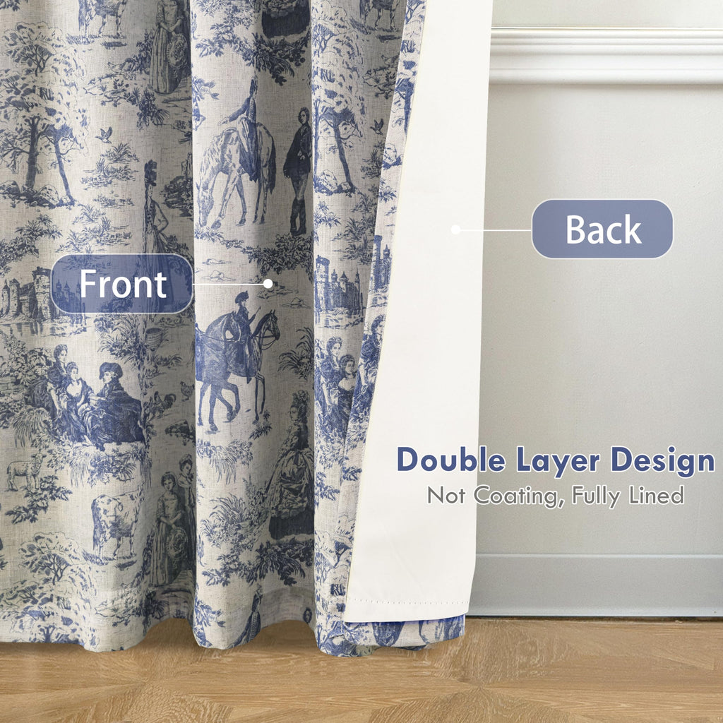100% Blackout Curtains Toile Linen Back Tab, W52xL84, Navy