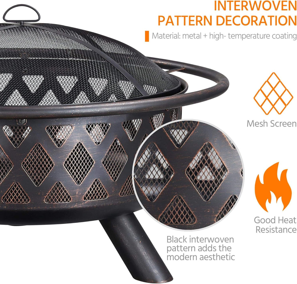 Fire Pit 36in Outdoor Wood Burning Fire Pits Wood Large Fire Bowl for Outside BBQ Bonfire Patio with Mesh Spark Screen, Poker and Rain Cover - Image 4
