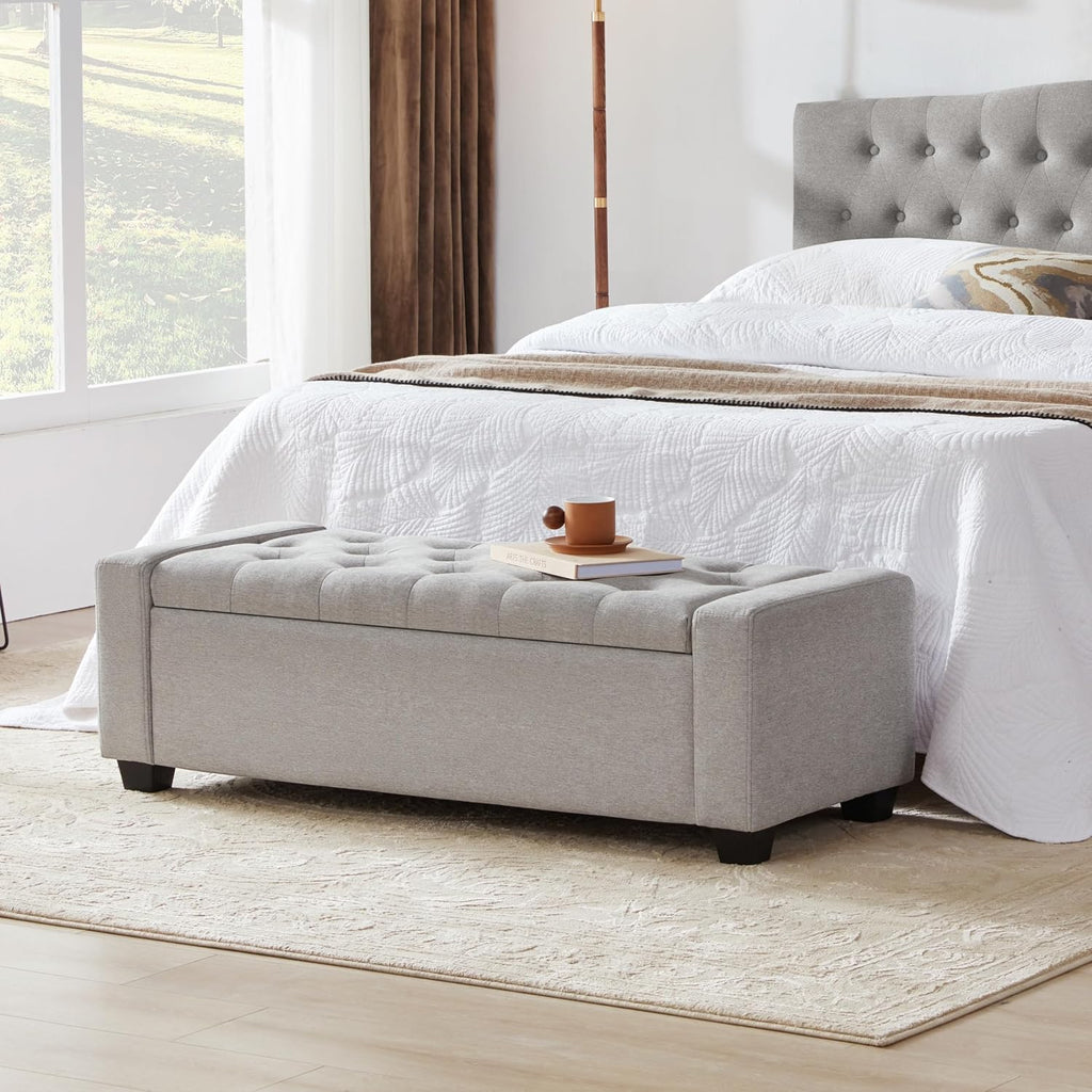 48" Ottoman with Storage, Light Gray Storage Ottoman Bench | Upholstered Entryway Bench with Seating , with Safety