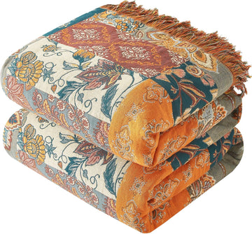 Boho Throw Blanket, 100% Cotton Woven Quilt with Tassel 60”x80”, Super Soft Muslin Blanket with Floral Printed