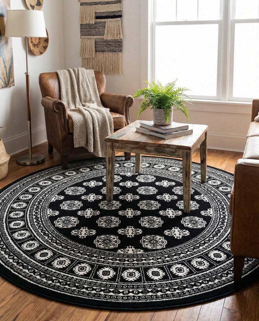 Bokhara Rug - 5 Ft Round Black and White Easy-Clean Rug - Modern Medallion Design s, Living Rooms, and Bedrooms