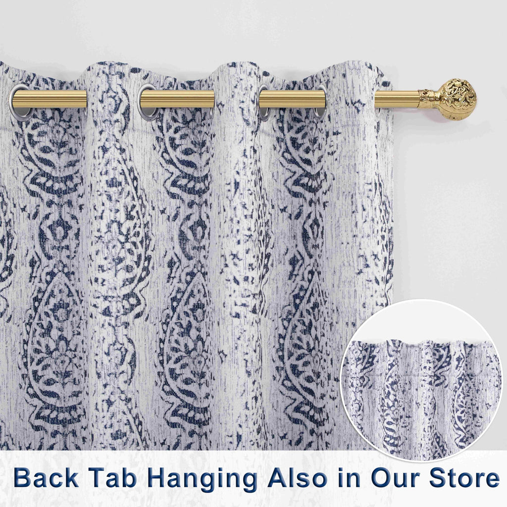 84 Inch Length Navy Blue Pattern Curtains 2 Panel Set Grommet Damask Medallion Print Textured Grey Cream White