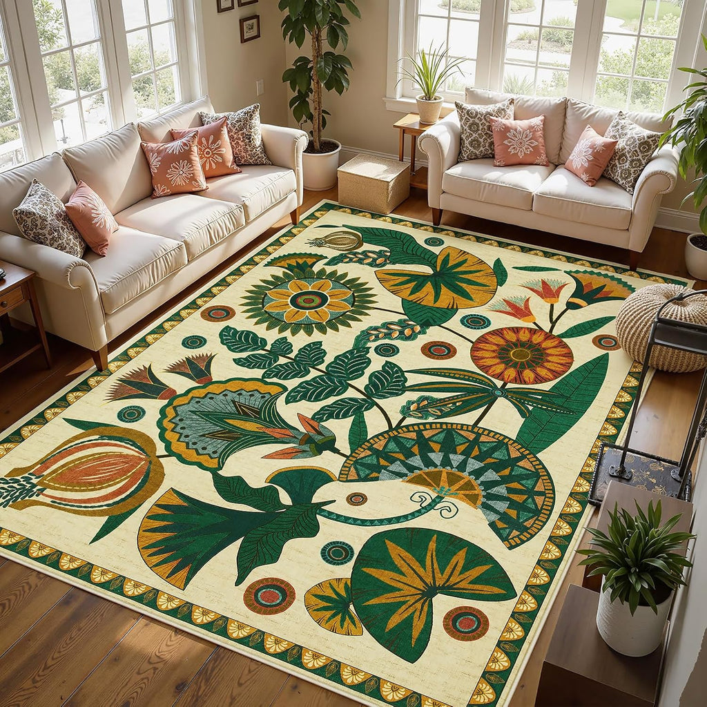 Egypt Floral Boho 9x12 Rugs for Living Room, Large Beige Washable Area Rug for Bedroom Dining Room Table, Vintage Non