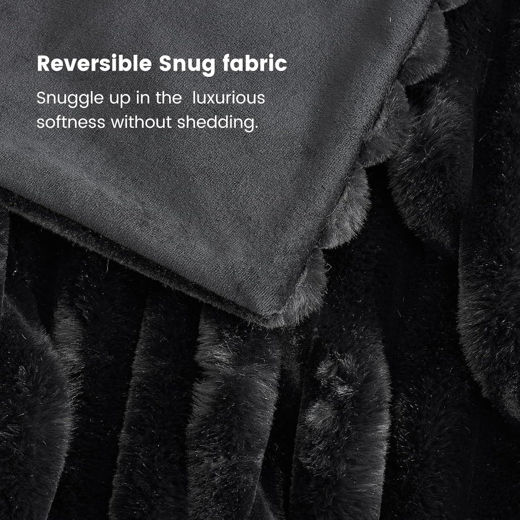 Faux Fur Throw Blanket, Cozy Warm Plush Striped Blanket, 50 * 60 Inches Black