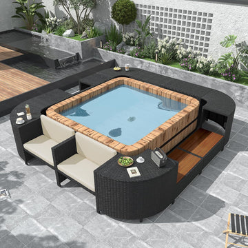Patio Furniture Set with Mini Sofa, Wooden Seats and Storage Spaces, Outdoor Conversation Sets , Lawn, Garden
