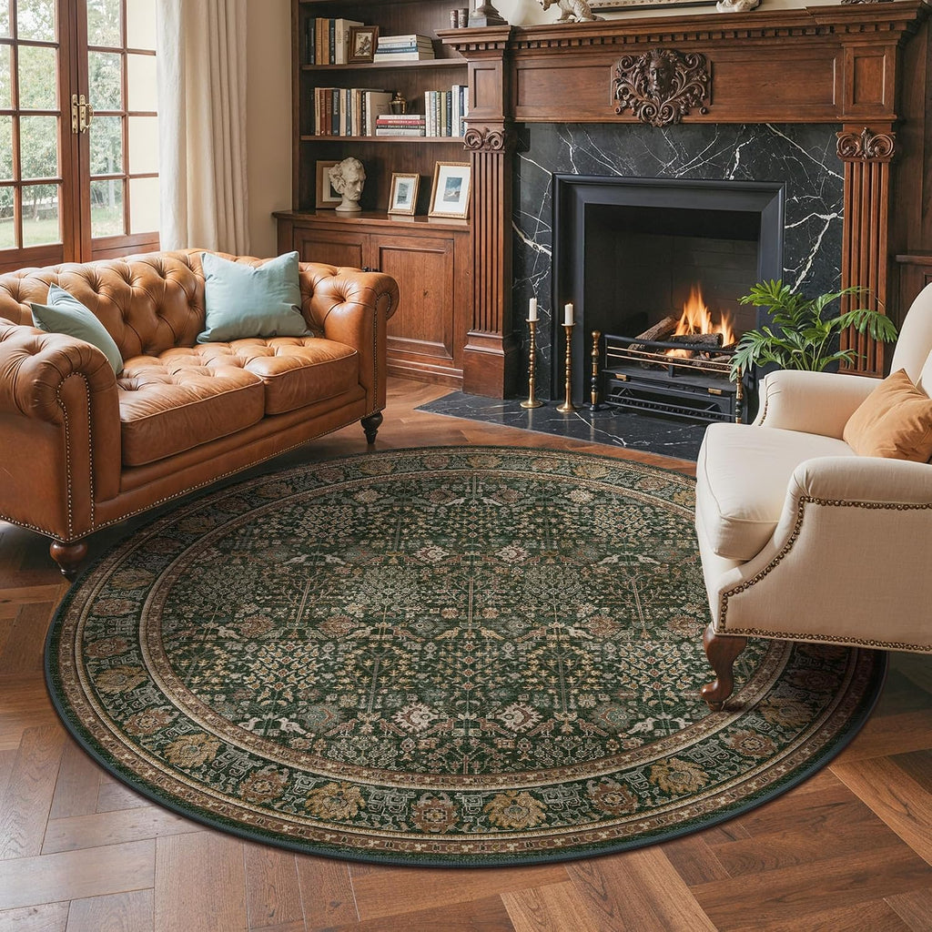 8ft Round Area Rug 8x8, Washable Non Slip, Dark Green Brown