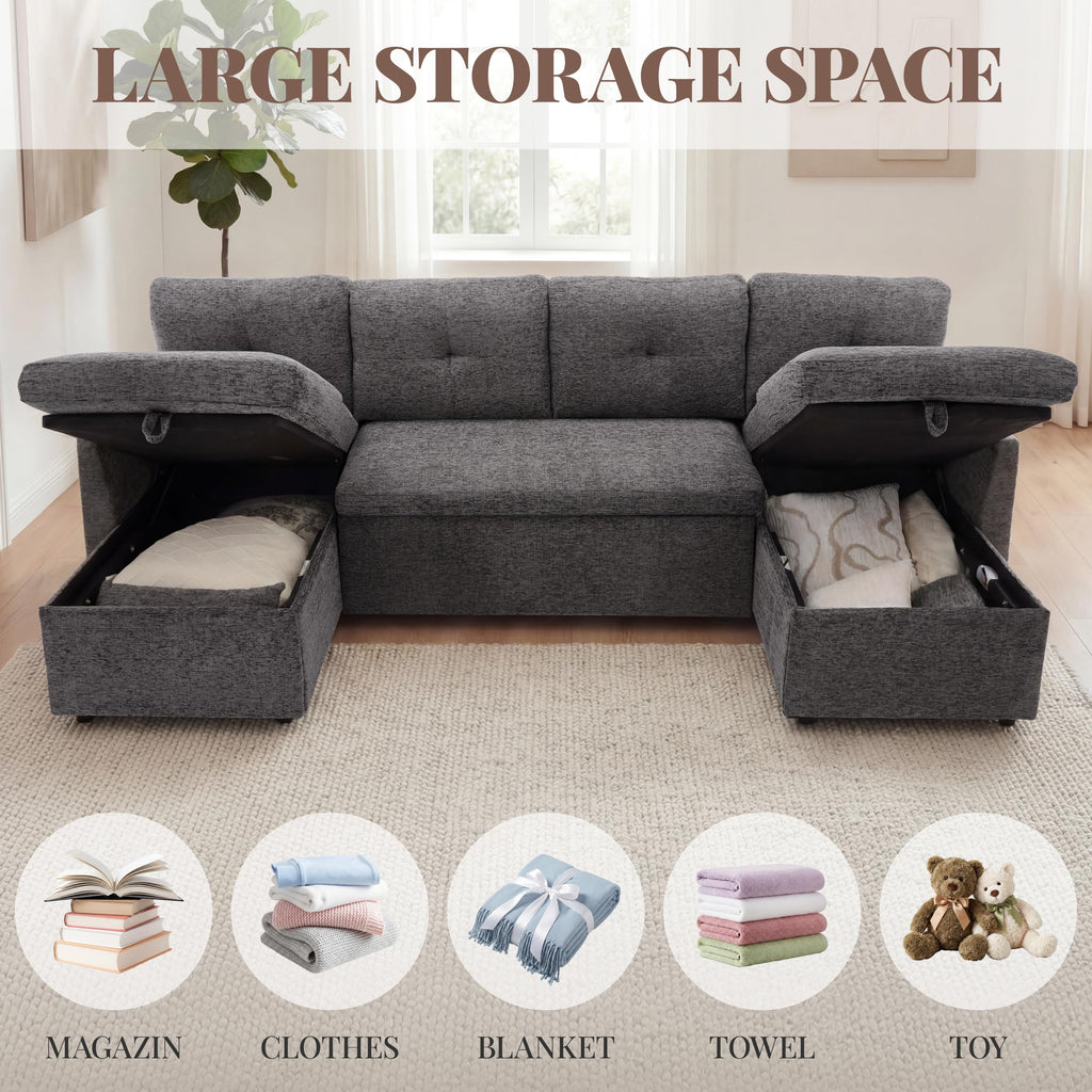 100" Sleeper Sofa Couch, Sectional Sofa Bed, Dark Grey