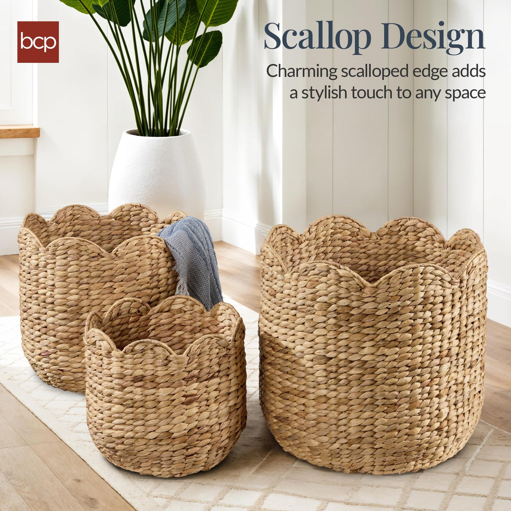 3pc Water Hyacinth Scalloped Multipurpose Nesting Baskets, Storage Bin Organization Totes, Laundry Room - Natural