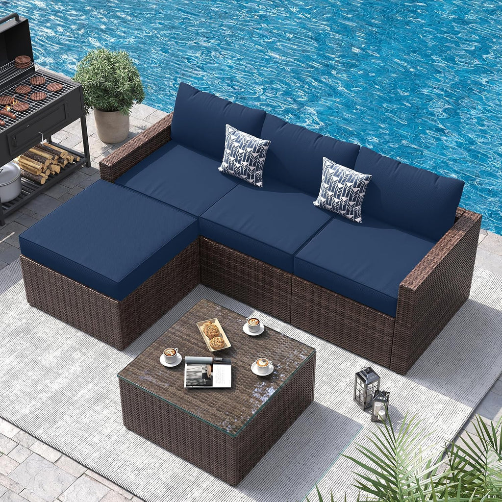 5 Piece L Shaped Outdoor Couch, Small Space Patio Furniture Set, Navy Blue | Outdoor Sectional Sofa, All-Weather