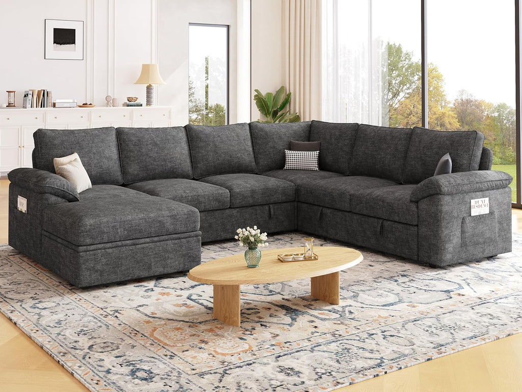 108 Inch Sectional Sleeper Sofa with Pull Out Bed, U Shaped 7 Seat Modular Sectional Sofa with Storage