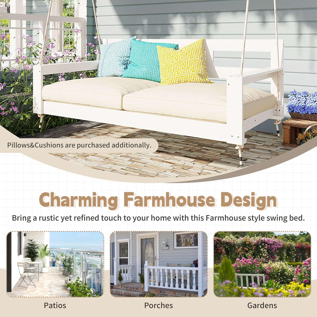 Twin Size Wooden Porch Swing Bed with 4 Heavy Duty Ropes, Outdoor Hanging Daybed Swing Bench Backyard Garden, Acacia
