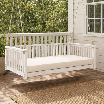 Outdoor Porch Swing Bed, Twin Size Acacia Wood Daybed (White) | Acacia Wood Frame, Hemp Ropes, Fits Twin Mattress