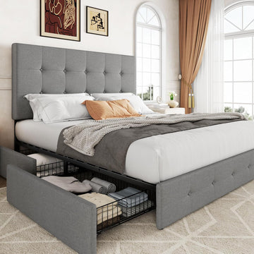 Upholstered Queen Platform Bed Frame with 4 Storage Drawers and Headboard, Square Stitched Button Tufted
