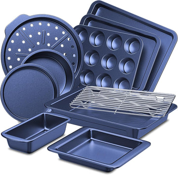 Bakeware Sets, Pans Set, Nonstick Oven Pan with Wider Grips, 10-Piece Including Rack, Cookie Sheet, Cake Pans, Loaf