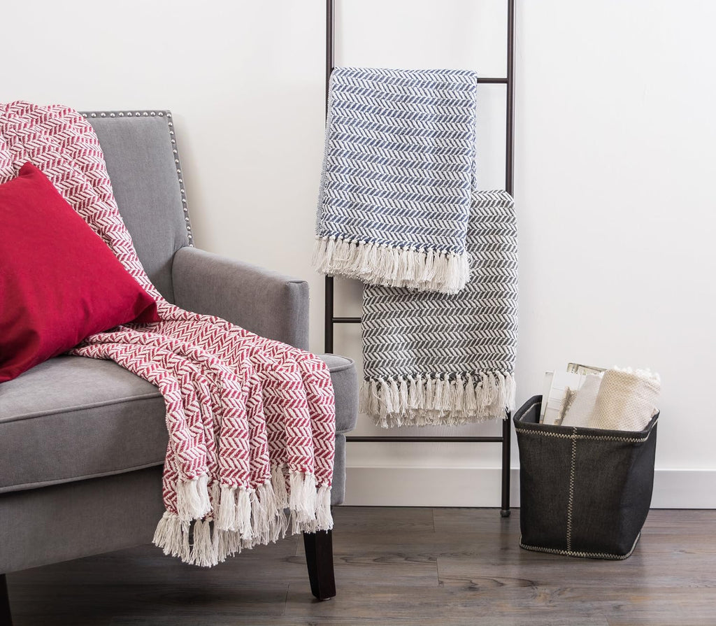 Modern Farmhouse Cotton Herringbone Blanket Throw with Fringe for Chair, Couch, Picnic, Camping, Beach, & Everyday