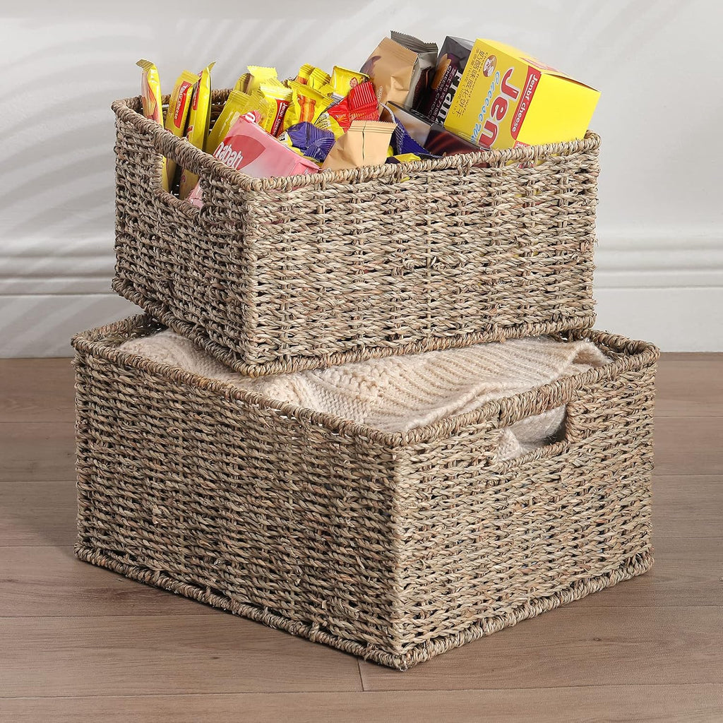 Large Wicker Baskets for Storage, Seagrass Baskets with Dual Handles, Woven Set of 2, Natural