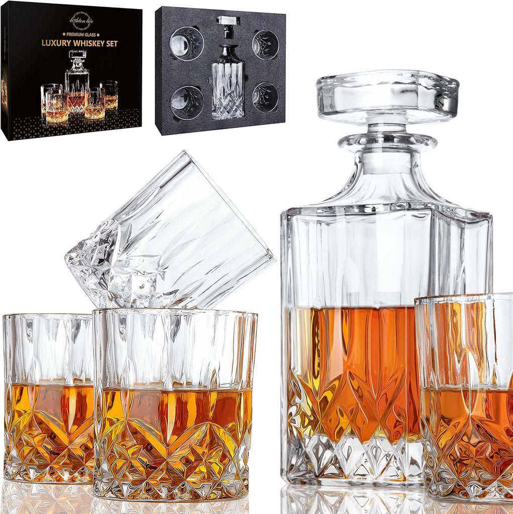 Whiskey Decanter Set for Men - Whiskey Decanter with 4 Whiskey Glasses in Gift Box, Non-Lead Glass for Bourbon and