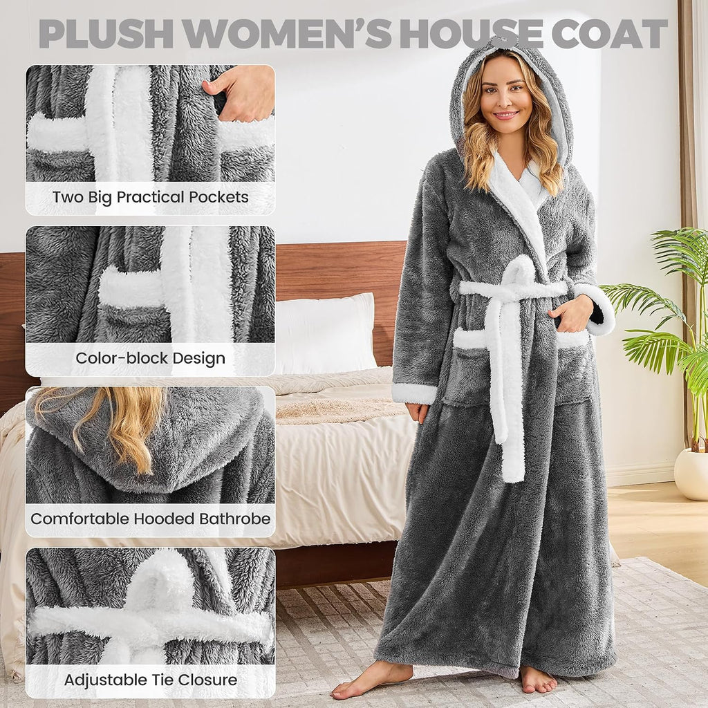 Long Robes For Women Floor Length, Fluffy Fleece Warm Cozy Hooded Bathrobe Plush Luxury Plus Size Winter Housecoat