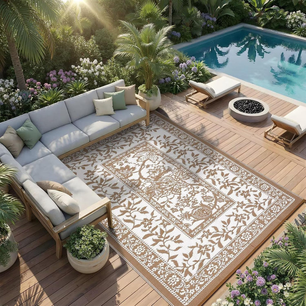 Outdoor Rug 9x12, Waterproof Reversible Foldable Plastic Straw Rug, Botanical cottagecore Outdoor Ru