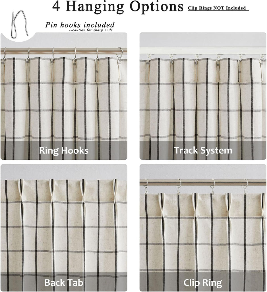 Black Plaid Pinch Pleat Semi Sheer Checkered Linen Blended Window Curtain Drape for Farmhouse Living Room