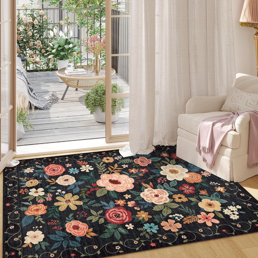 3x5 Area Rug, Floral Washable Rug Non Slip, Black