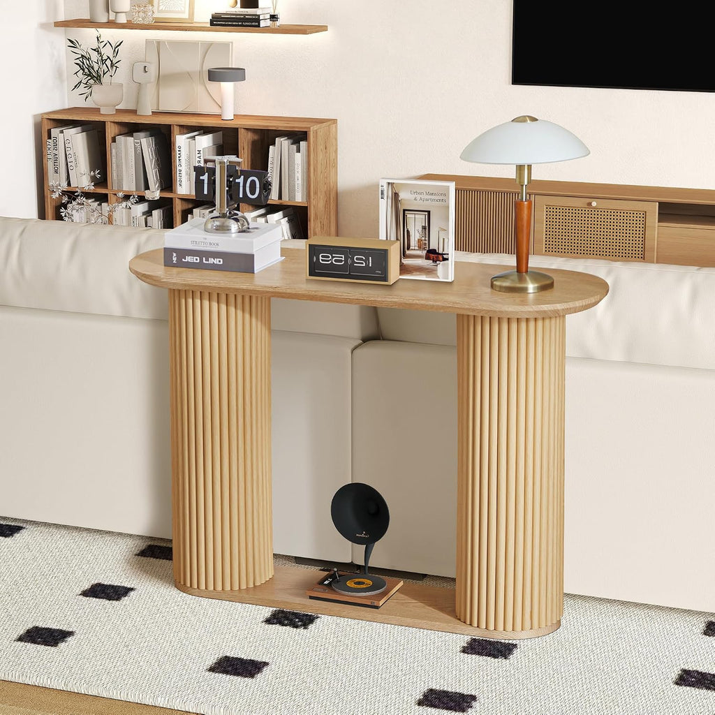 Fluted Console Table, Farmhouse Oval Curved Entryway Table with Storage and Fluted Wood Legs, Narrow Sofa Table Small