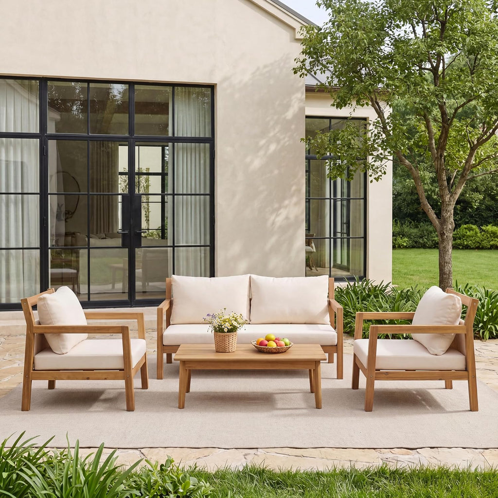 Pablo 4-Seater Patio Furniture Set with Removable Cushion, 4 Piece Outdoor Acacia Wood Conversation Set, Wooden