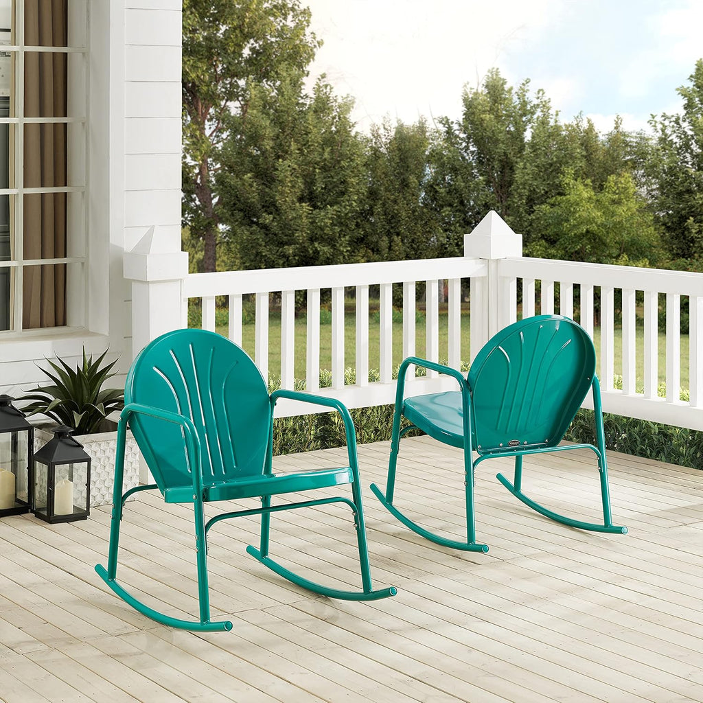 Griffith Retro Metal Outdoor Rocking Chairs, Set of 2, for Porch, Deck, Balcony, Backyard, Turquoise Gloss