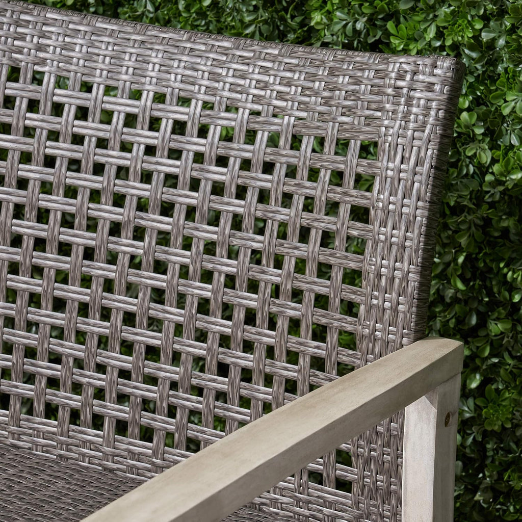 Marcia Outdoor Wood and Wicker Sofa, Light Gray Finish with Mix Black Wicker,Mixed Black, Light Gray Wash