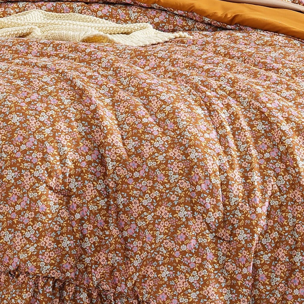 Comforter Set - 7 Pieces Ruffle Brown Bedding Sets, Shabby Chic Farmhouse Bed in a Bag with Ruffle Comforter