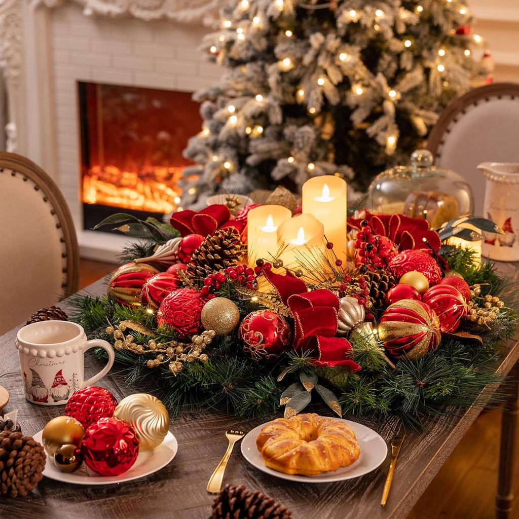 30'' Pre-Lit Christmas Wreath for Front Door with Light, Large Lighted Outdoor Christmas Wreath with Red Gold Xmas