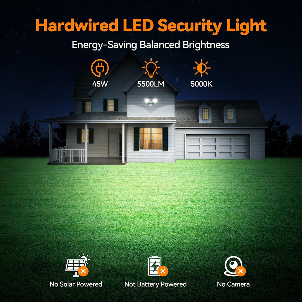 45W 5500LM PIR Motion Sensor Outdoor Lights, Dual Head LED Flood Light, 5000K Daylight, IP65 Waterproof Hardwired