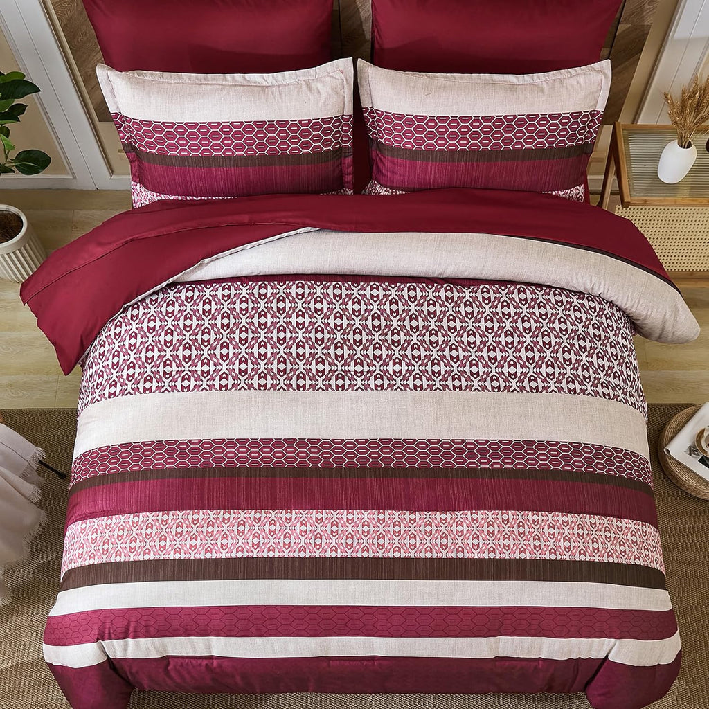 DJY Boho Comforter Set King,7 Pieces Bed in a Bag Burgundy Red Striped Bedding Sets,Patchwork Soft Microfiber Bedding
