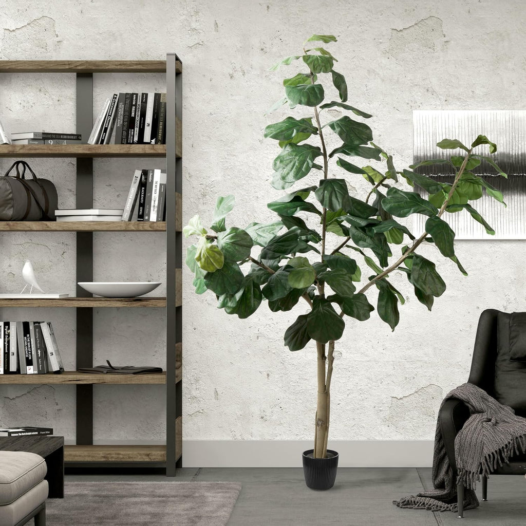 8ft Artificial Potted Fiddle Tree - 114 Large Fiddle Leaves - Green Silk - Artificial Indoor Fiddle Plant - Single