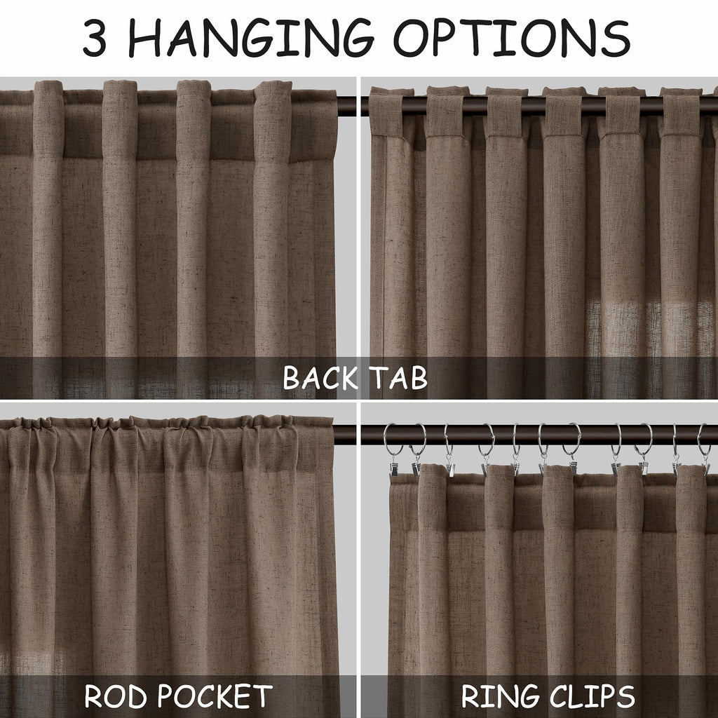 Light Brown Linen Curtains 96 Inches Long Back Tab Vintage Rustic Farmhouse Light Filtering Curtain Burlap Textured