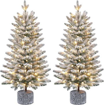 2Pcs Pre-lit Potted Flocked Christmas Tree for Holiday Decoration