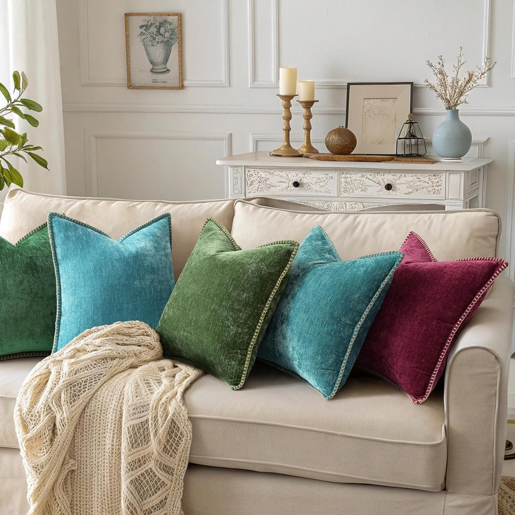 Chenille Soft Cozy Throw Pillow Covers 18x18 Set of 2, Modern Farmhouse Boho Velvet Decorative Pillow Cases with