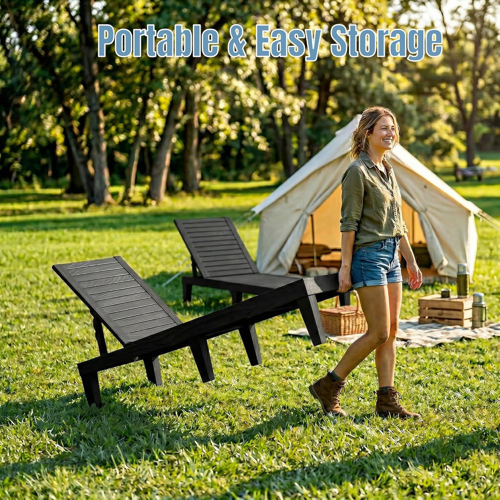 Lounge Chair Outdoor, Set of 2 High-Impact PP Tanning Chairs, Black | All-Weather UV-Resistant & Waterproof Patio