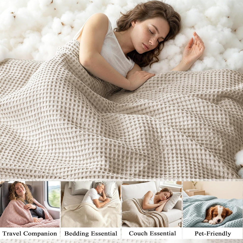 Pre-Washed 100% Cotton Waffle Throw Blanket, 330GSM Lightweight Breathable Summer Blankets, Soft and Cozy, Room