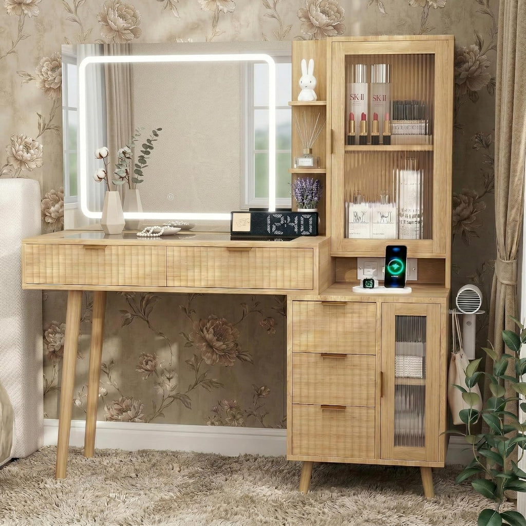 49" Wooden Vanity Desk with Mirror and Lights, Fluted Boho Makeup Vanity Table with Modern Glass Top, Charging
